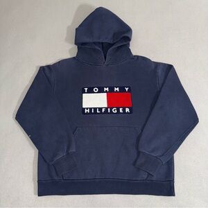 Vintage 90s Tommy Hilfiger Chenille Flag Logo Hoodie Size S Hip Hop Streetwear